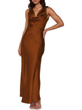 Women's Brown Cowl Neck Summer Satin Backless Sleeveless Elegant Maxi Dress